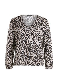 Bluse mit Leopardenmuster, V-Ausschnitt, langen Ärmeln, elastischen Bündchen und lockerer Passform. Der Stoff ist glatt und hat einen leichten Glanz.