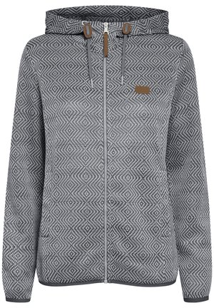 Grau kapuzenjacke mit geometrischem Muster, Frontreißverschluss und lederähnlichen Akzenten. Verfügt über elastische Bündchen und Saum für eine verstellbare Passform.