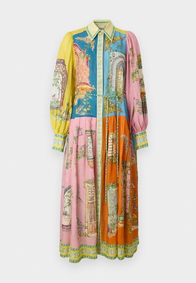 Colorful long dress featuring a variety of patterns in blue, pink, orange, and yellow, with a button-up front and tie waist. Elegant, textured fabric.