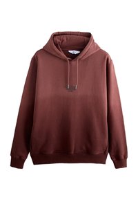 Sweat à capuche marron cacao avec une grande capuche, des cordons de serrage, des manches longues et des poignets côtelés. Dispose d'un logo discret sur le devant. Matière douce.