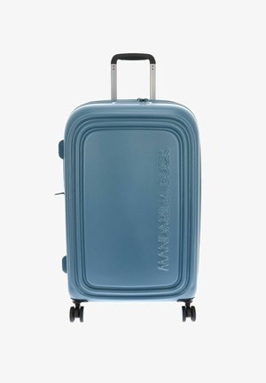 Valise rigide bleue avec quatre roues et poignée télescopique, avec le nom de marque embossé "MANDARINA DUCK" sur le devant.