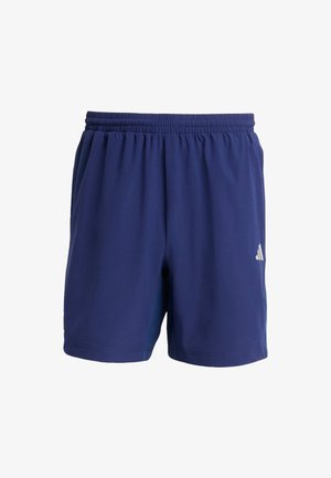 Szorty sportowe w kolorze granatowym, z elastycznym pasem, z teksturowaną siateczkową wstawką po bokach oraz białym logo Adidas z przodu.