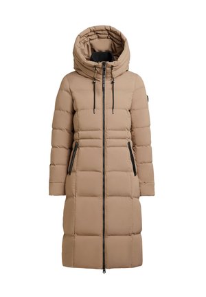Beige, knielanger gepolsterter Mantel mit Kapuze, Frontreißverschluss und zwei Seitentaschen. Verfügt über ein gestepptes Design und schwarze Akzente an den Reißverschlüssen.