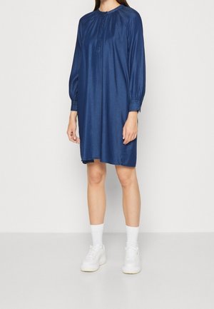 Marineblaues, langärmliges Kleid mit rundem Ausschnitt, Knopfleiste und elastischen Bündchen, aus einem glatten Stoff mit entspannter Passform.