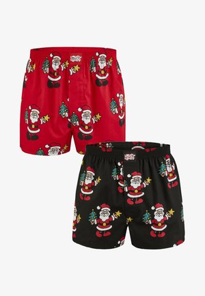 Rote und schwarze Boxershorts mit Cartoon-Weihnachtsmann-Designs, die Weihnachtsbäume und Sterne halten. Aus weichem Stoff mit einem elastischen Bund gefertigt.