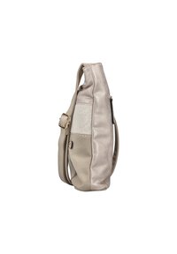 Beige Handtasche aus Kunstleder mit schlanker Form, einer Seitentasche mit dezentem Leopardenmuster und einem verstellbaren Schultergurt.