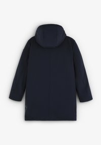 Marineblå, hættejakke med lige snit, lange ærmer og glat tekstur. Minimalistisk design uden synlige lukninger eller mønstre.