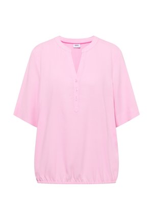 Blouse rose clair à manches courtes avec encolure ronde, patte de boutonnage et ourlet élastiqué.