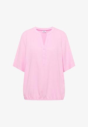 Lyserød kortærmet bluse med rund halsudskæring, knaplukning og elastisk kant.