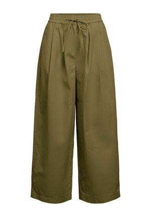 Pantalon large olive vert cropped avec taille élastique et fermeture à cordon devant, fabriqué en tissu léger.