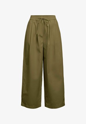 Pantalon large olive vert cropped avec taille élastique et fermeture à cordon devant, fabriqué en tissu léger.