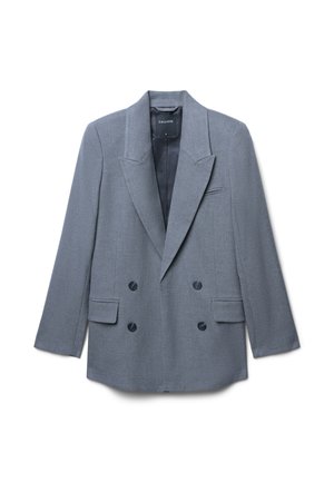 Grauer doppelt-knöpfiger Blazer mit Reverskragen, zwei Vorderstaschen und schwarzen Knöpfen. Hergestellt aus strukturiertem Stoff mit einem glatten Innenfutter.
