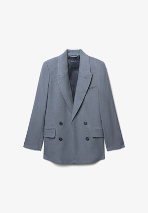 Gray double-breasted blazer with peak lapels, two front pockets, and black buttons. Made of textured fabric with a smooth inner lining.