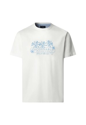 T-shirt blanc à manches courtes avec un graphique bleu de palmiers et le texte "FAÇONNABLE NICE-CÔTE D'AZUR French Riviera" sur le devant.