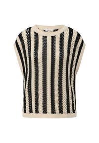 Bezrekawnikowy dzianinowy top z pionowymi czarnymi i beżowymi paskami oraz ażurową fakturą, okrągłym dekoltem i ściągaczem w pasie.