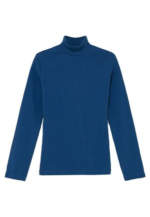 Maglione a collo alto blu realizzato in tessuto a coste, con maniche lunghe e silhouette aderente. Design semplice con colletto alto.