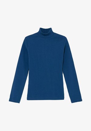 Blauwe coltrui gemaakt van ribgebreide stof, met lange mouwen en een aansluitende pasvorm. Eenvoudig ontwerp met een hoge hals.