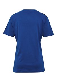Blå bomulds-t-shirt med korte ærmer, rund halsudskæring og en glat tekstur. Har ingen mønstre eller grafik, standard pasform og -form.