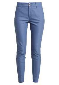 Pantaloni blu sartoriali con vestibilità slim, caratterizzati da una parte anteriore piatta, due bottoni argento e una texture del tessuto liscia.