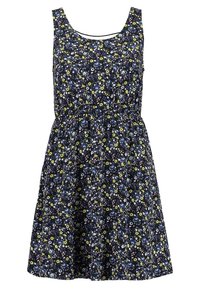 Laivastonsininen kukallinen hihaton mekko, jossa keltaisia ja violetteja kukkia. Vyötäröltä kerrostettu, polvenpituinen, valmistettu kevyestä kankaasta.