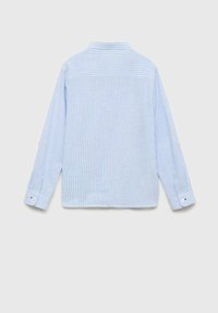 Camicia con bottoni, maniche lunghe, a righe azzurre e bianche, con dettagli nel colletto e polsini abbottonati. Tessuto morbido con una texture liscia.