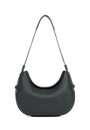 Sac à bandoulière en cuir noir texturé avec le dessus arrondi et une seule sangle, présentant un marquage subtil au centre avant.