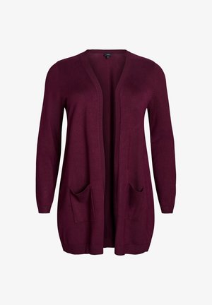 Bordo ilgas kardiganas su atviru priekiu, raukinių detalėmis ir dviem priekinėmis kišenėmis. Pagamintas iš švelnaus, lengvo mezgimo audinio.