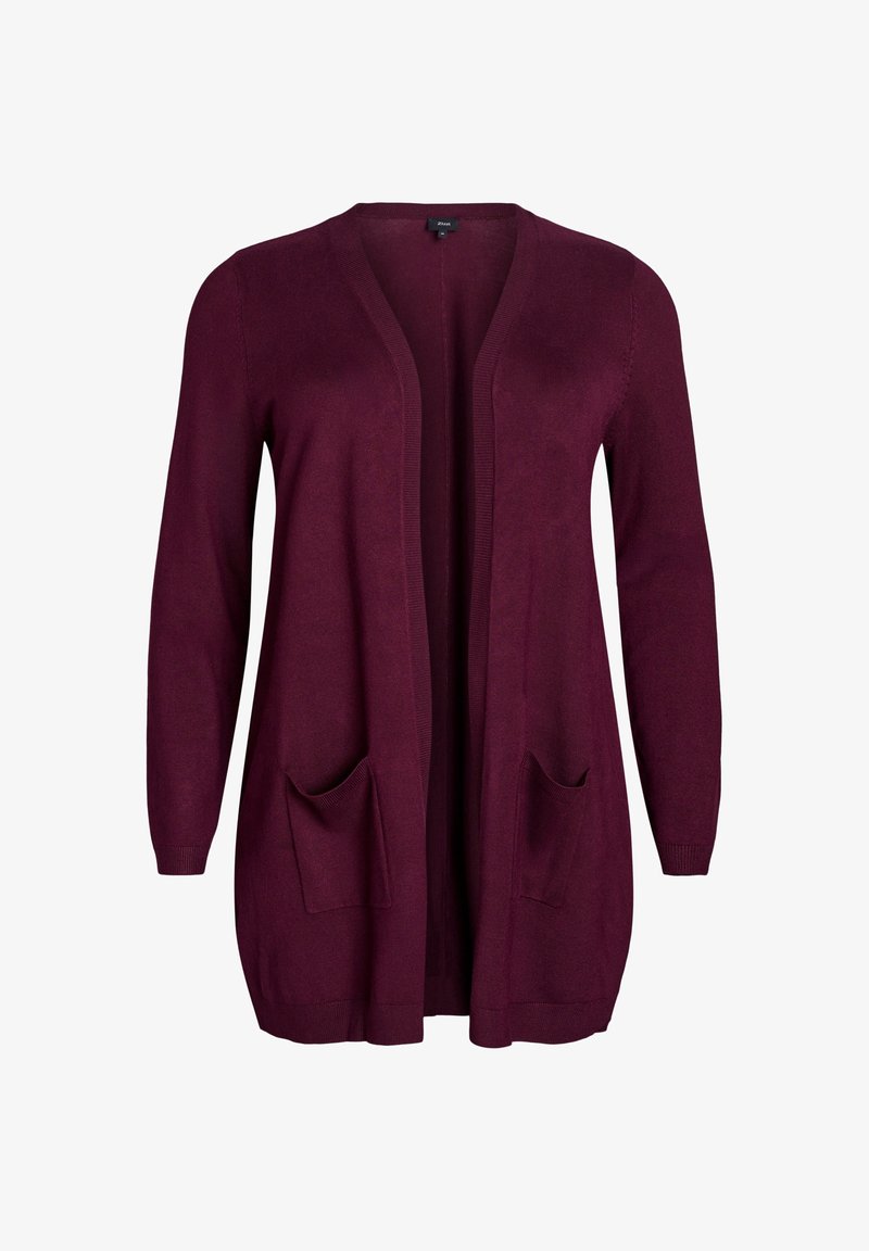 Burgundy pitkä neuletakki, jossa on avoin etuosa, ribbikuviointi ja kaksi etutaskua. Valmistettu pehmeästä, kevyestä neulekankaasta.