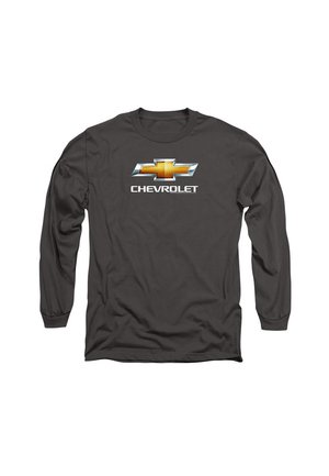 Graues Langarm-T-Shirt mit Rundhalsausschnitt, das ein auffälliges orange und silbernes Chevrolet-Logo über dem Wort "CHEVROLET" in Weiß zeigt.