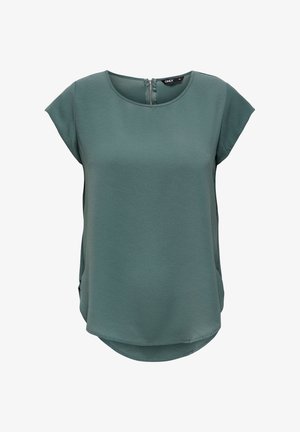 Top verde de mangas curtas feito de tecido texturizado. Apresenta um decote redondo e um fecho de zíper discreto na parte de trás, com uma bainha ligeiramente curva.