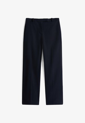 Marinefarbene formelle Hosen mit geradem Bein, hergestellt aus einem glatten Stoff. Sie verfügen über einen mittelhohen Bund mit Gürtelschlaufen und keine sichtbaren Taschen.