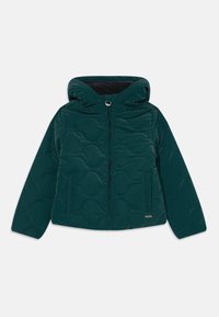 Teal quilted jakke med hette, som har en frontglidelås, to sidelommer og et subtilt mønster av runde former på stoffet.
