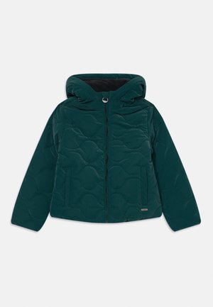 Teal quilted jacket with a hood, featuring a front zipper, two side pockets, and a subtle pattern of rounded shapes on the fabric.