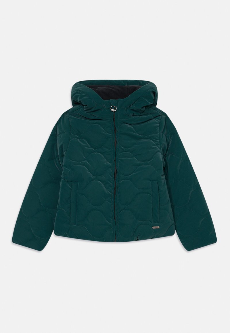 Teal quilted jakke med hette, som har en frontglidelås, to sidelommer og et subtilt mønster av runde former på stoffet.