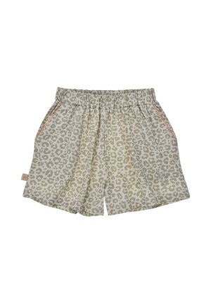Light beige shorts with elastic waistband, gray leopard print pattern, side pockets, and small butterfly design on the left leg.