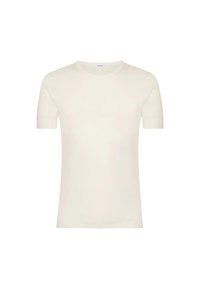 T-shirt a maniche corte color crema chiaro. Collo rotondo con una texture liscia. Design semplice, senza motivi né dettagli, realizzato in tessuto morbido.