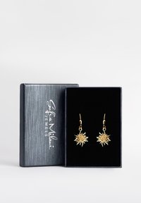 Orecchini dorati a forma di sole con dettagli a spirale, appesi a semplici ganci, esposti in una scatola regalo foderata in velluto nero con un logo argento.