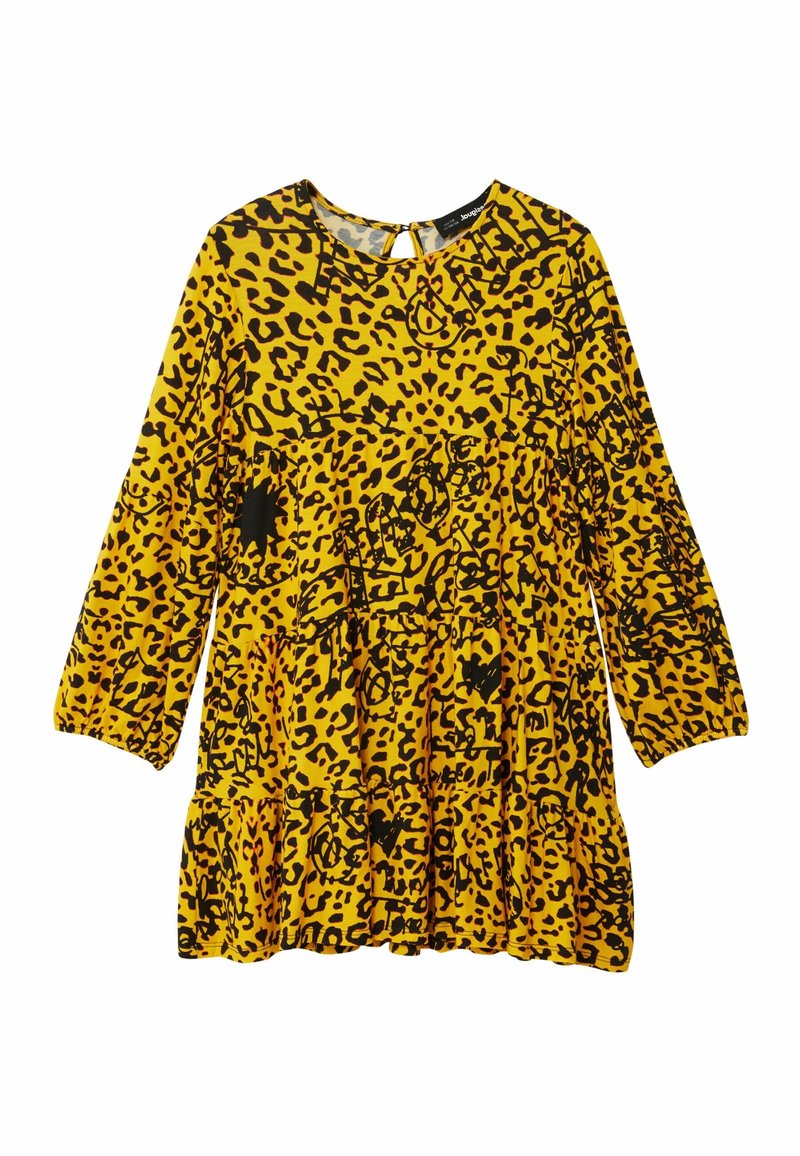Robe jaune à manches longues avec imprimé léopard noir et motifs abstraits noirs griffonnés, col rond, dos avec ouverture en forme de trou de serrure, taille froncée.
