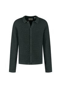 Donkergroen cardigan met een gestructureerd patroon, knoopsluiting aan de voorkant en een kraag. Lange mouwen met ribgebreide manchetten en onderrand.