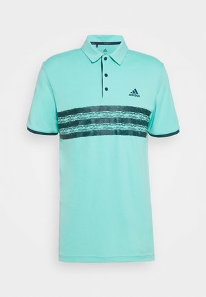 Polo Adidas turquoise clair avec col, trois boutons et deux larges bandes horizontales foncées traversant la poitrine.