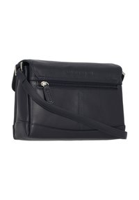 Bolso cruzado de cuero negro con bolsillo frontal con cremallera, correa ajustable y logotipo grabado en la solapa.