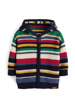 Dzianinowy kardigan dziecięcy z kapturem, zapinany z przodu na zamek błyskawiczny, z wielokolorowymi poziomymi paskami w kolorach granatowym, zielonym, czerwonym, żółtym, kremowym i niebieskim.