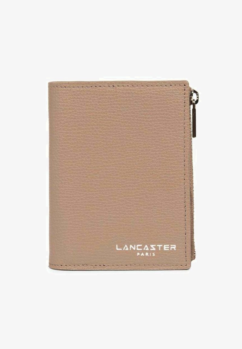 Tan leather wallet with a textured surface, zippered closure, and embossed "Lancaster Paris" logo on the front. Compact and rectangular shape.