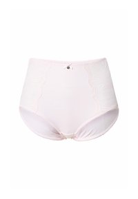 Różowe, damskie majtki z wysokim stanem, z koronkowymi panelami po bokach oraz małą dekoracyjną kokardką i zawieszką na środku przedniego pasa.