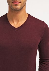 Bordeauxfarbener V-Ausschnitt-Pullover aus weichem Material, mit geripptem Ausschnitt und detaillierter Nahtverarbeitung an den Schultern, figurbetontes Design.