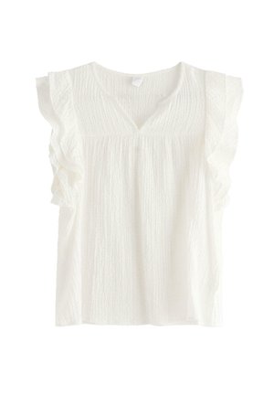 Witte, gestructureerde mouwloze blouse met gerimpelde schouders en een V-hals, afgebeeld op een witte achtergrond.
