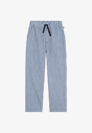 Gestreifte Hose mit marineblauem und weißem Muster. Verfügt über einen elastischen Bund mit Kordelzug und Seitentaschen. Leichter Stoff.