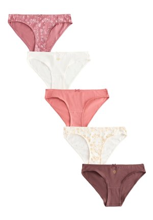 Cinq paires de sous-vêtements féminins style bikini dans des tons rose, blanc et marron, avec quelques motifs floraux et petits nœuds.