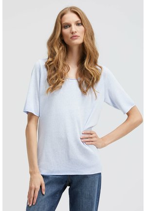 Light blue, short-sleeve top with a square neckline, crafted from soft fabric, featuring a relaxed fit and a smooth texture.