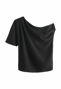 Top negru, fără umeri, realizat dintr-un material moale, cu un design drapat, croială lejeră și mâneci scurte. Textură fină, fără modele vizibile.